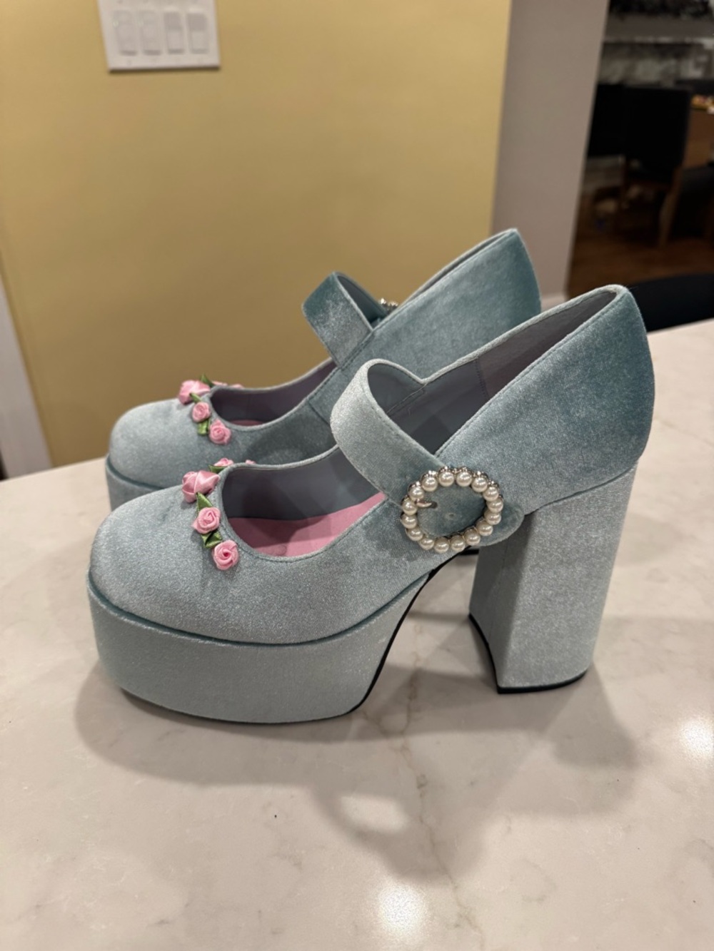 Platform heels, faux velvet, size 10, light blue - Picture 8 of 16